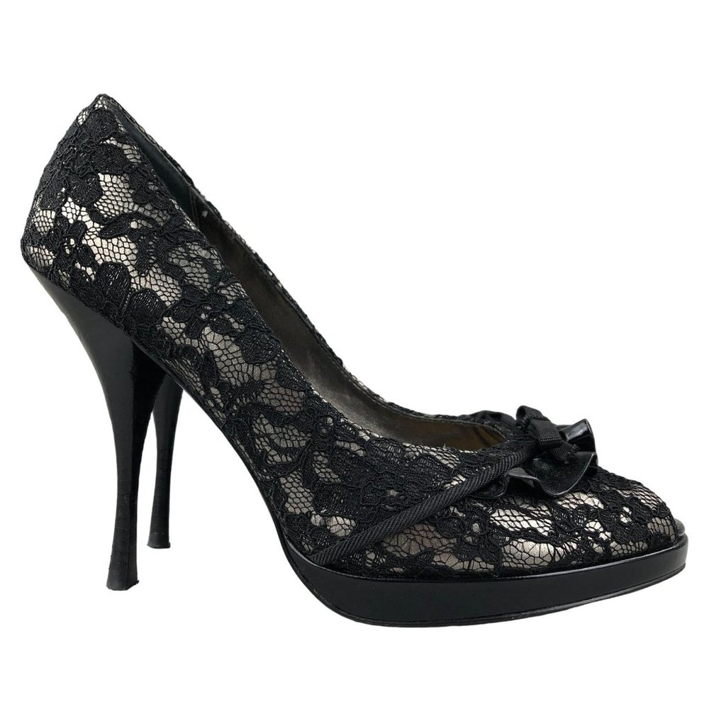 Linea Paolo Women's Size 7.5M Black Floral Lace Peep Toe High Heel Pumps Heels